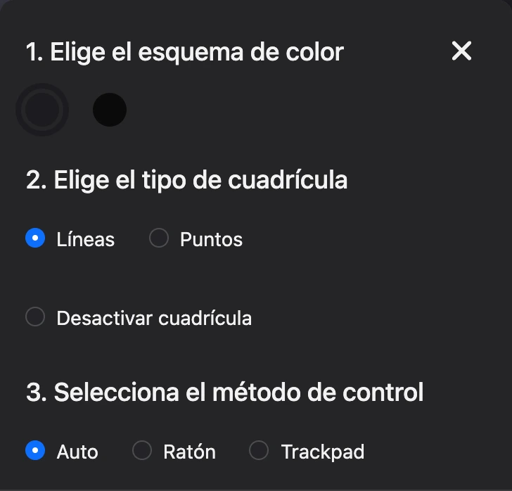 La ventana «Color del mapa y cuadrícula»: esquema de color, tipo de cuadrícula y método de control