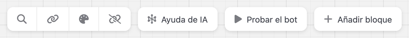 Barra superior del constructor: búsqueda, canales, aspecto, Ayuda de IA, prueba del bot y añadir bloque