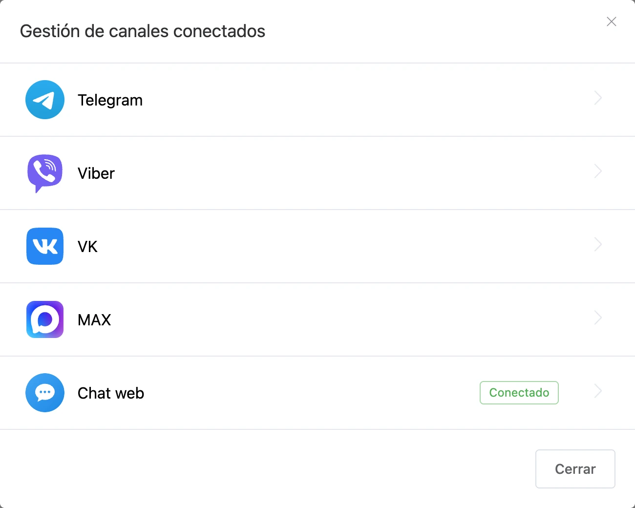Lista de canales del bot: un canal conectado tiene la marca «Conectado»