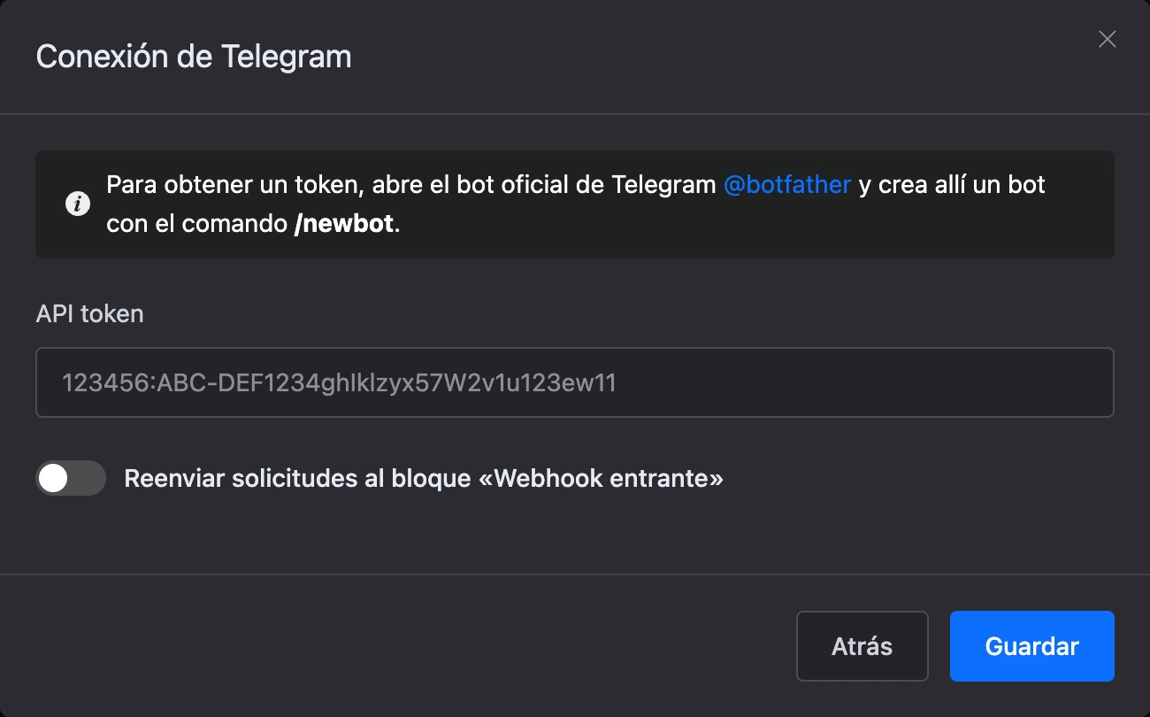 Ventana de conexión de Telegram con el campo «Token de API»