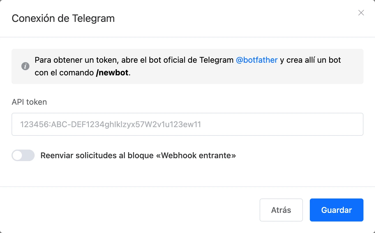 Ventana de conexión de Telegram con el campo «Token de API»