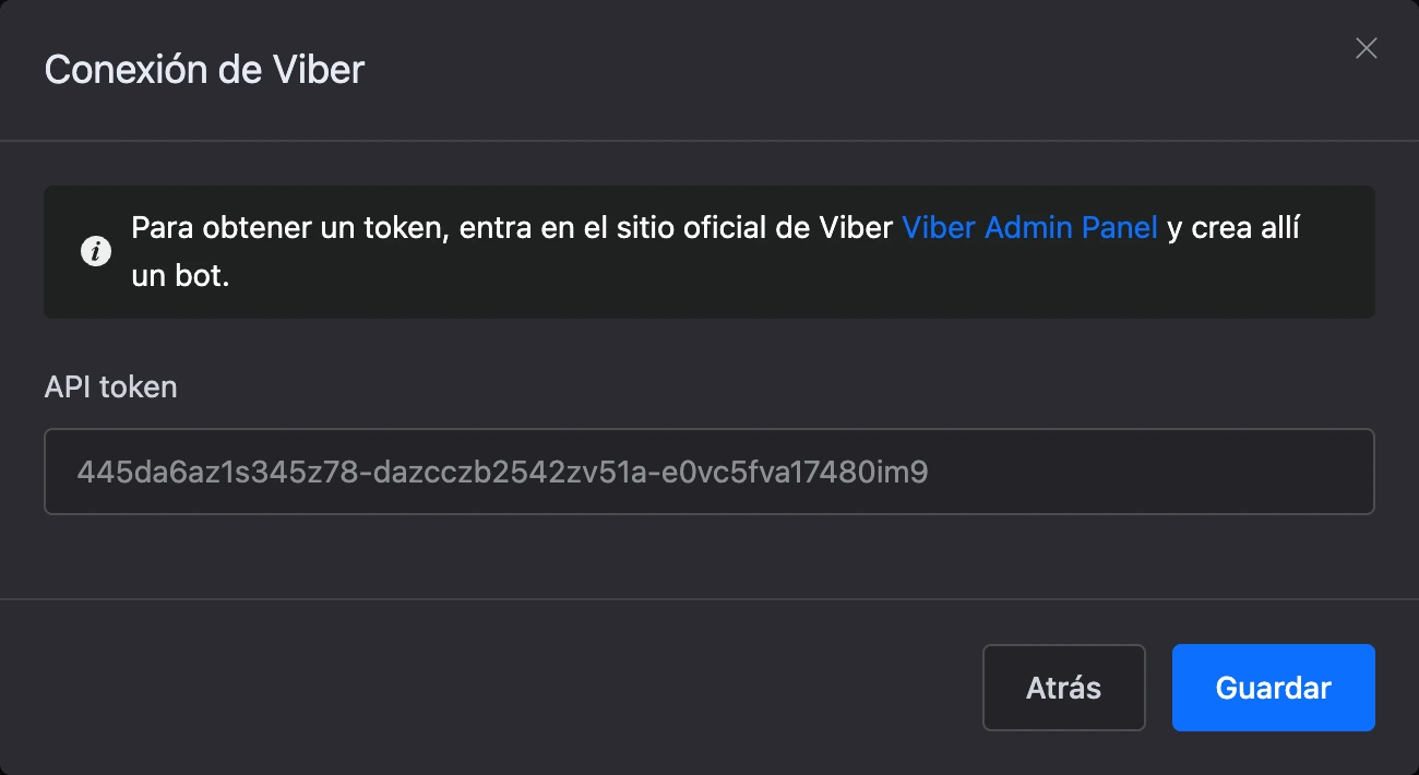 Ventana de conexión de Viber con el campo «Token de API»