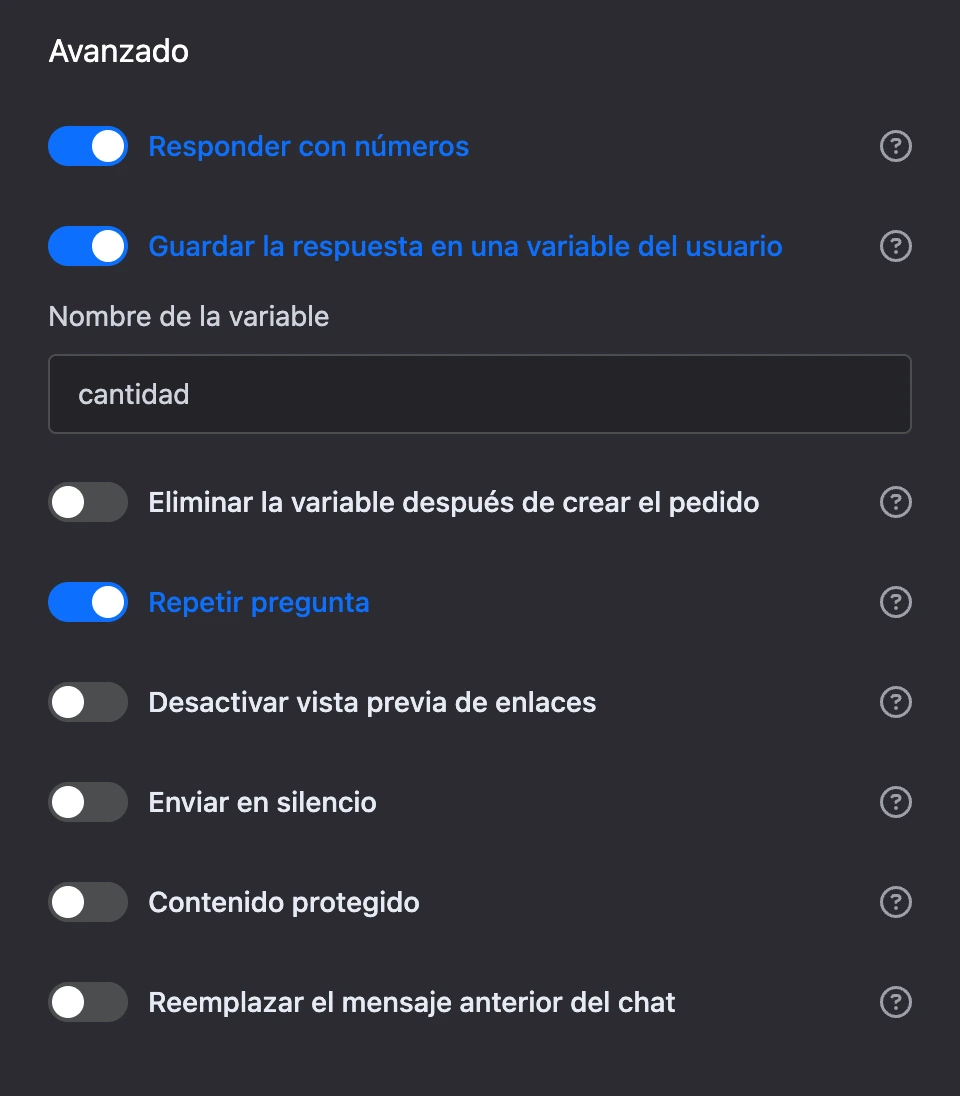 La sección «Avanzado»: responder con números, guardar la respuesta en una variable, repetir pregunta y otros interruptores