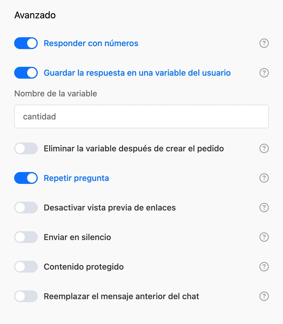 La sección «Avanzado»: responder con números, guardar la respuesta en una variable, repetir pregunta y otros interruptores