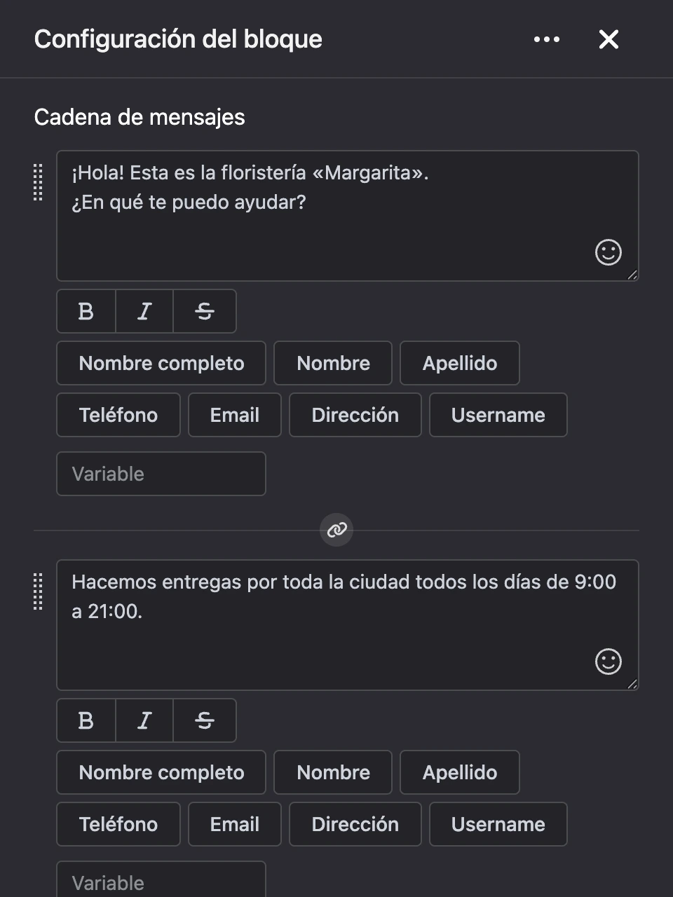 Panel de configuración del bloque «Cadena de mensajes»