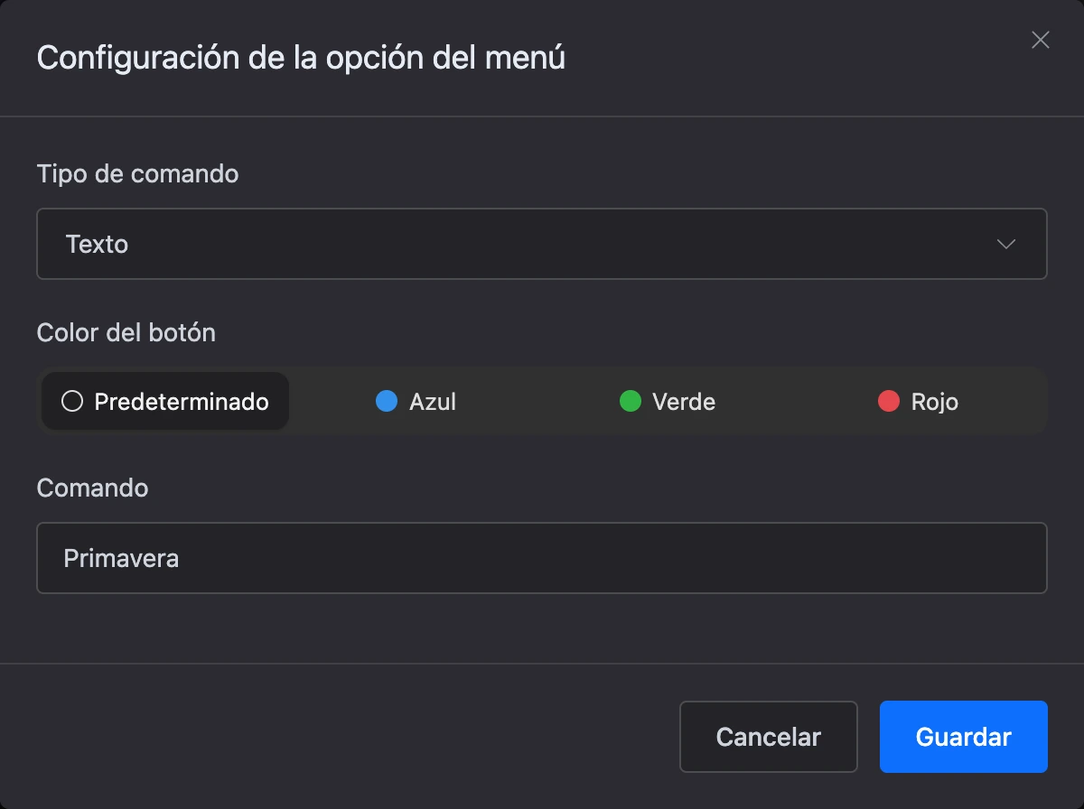 La ventana «Configuración de la opción del menú»: tipo de comando, color del botón y comando