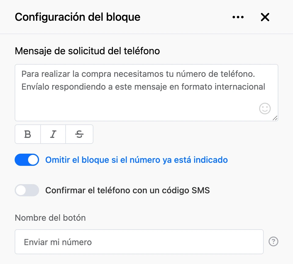 Panel de configuración del bloque «Solicitud de teléfono»