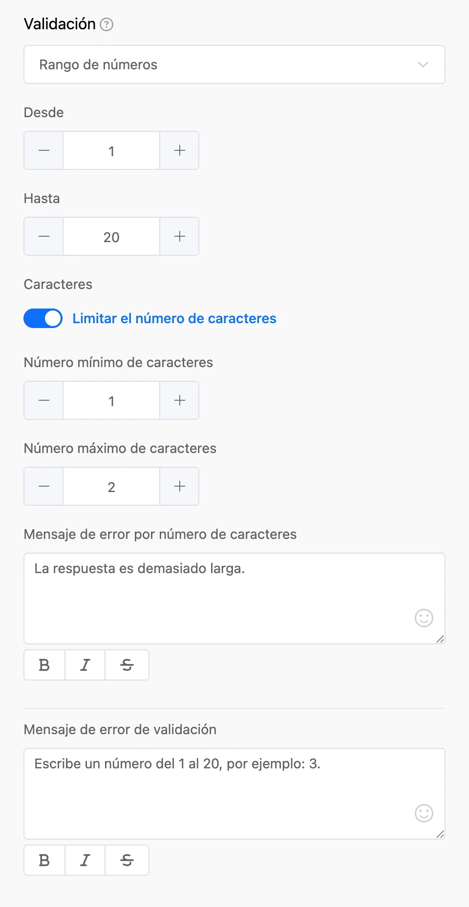 La sección «Validación»: rango de números de 1 a 20, límite de caracteres y mensajes de error