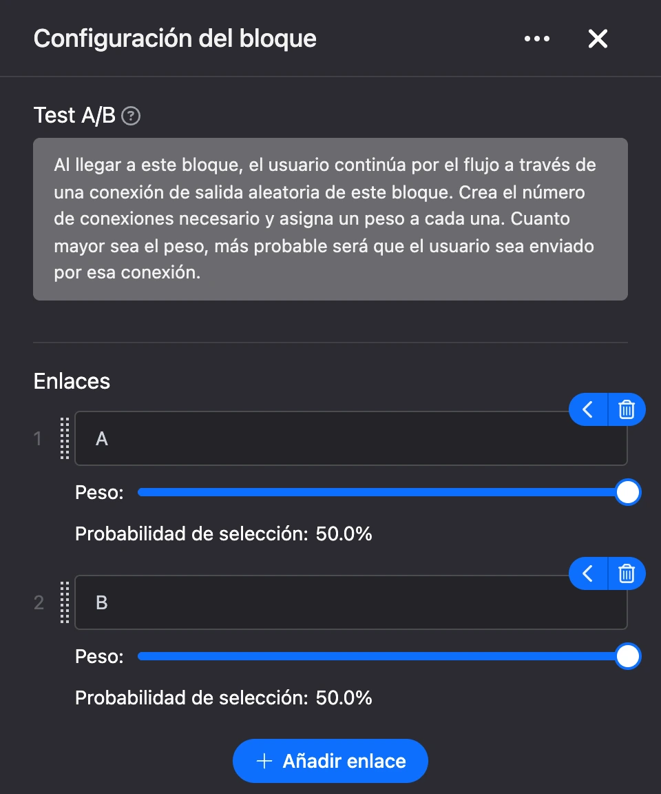 Panel de configuración del bloque «Test A/B»