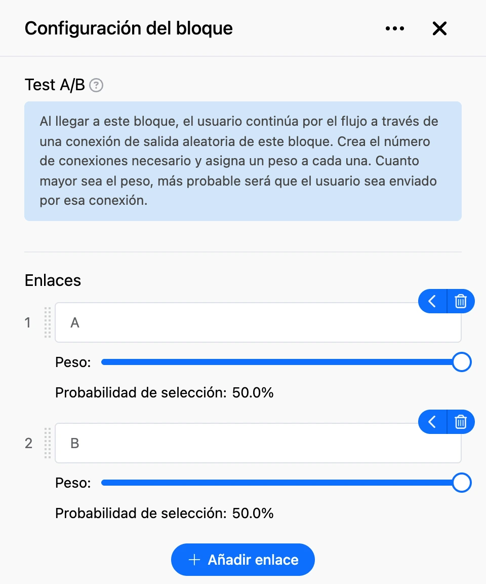 Panel de configuración del bloque «Test A/B»
