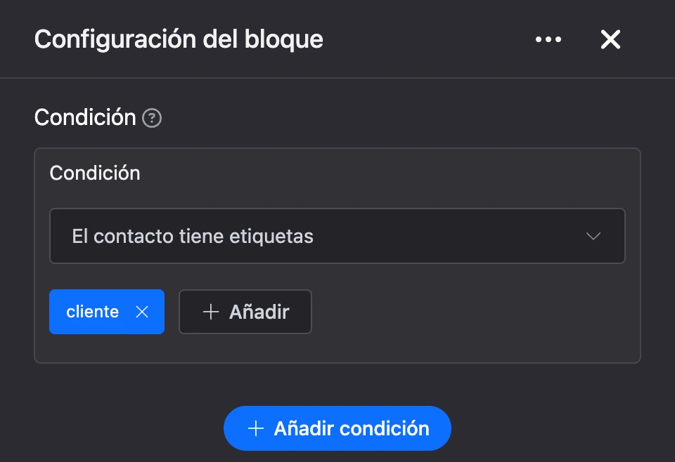 Panel de configuración del bloque «Condición»