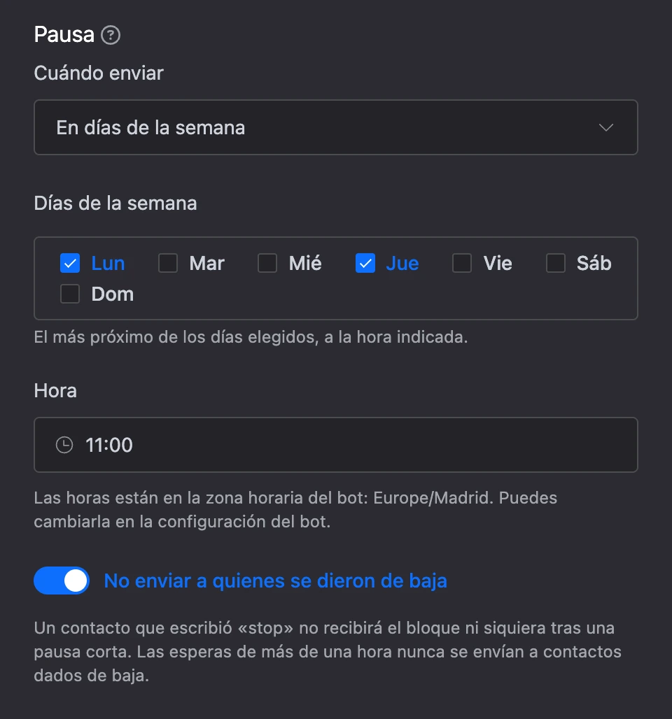 El modo «En días de la semana»: lunes y jueves marcados, hora 11:00, «No enviar a quienes se dieron de baja» activado