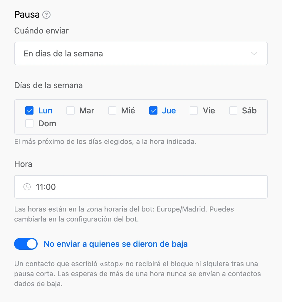 El modo «En días de la semana»: lunes y jueves marcados, hora 11:00, «No enviar a quienes se dieron de baja» activado