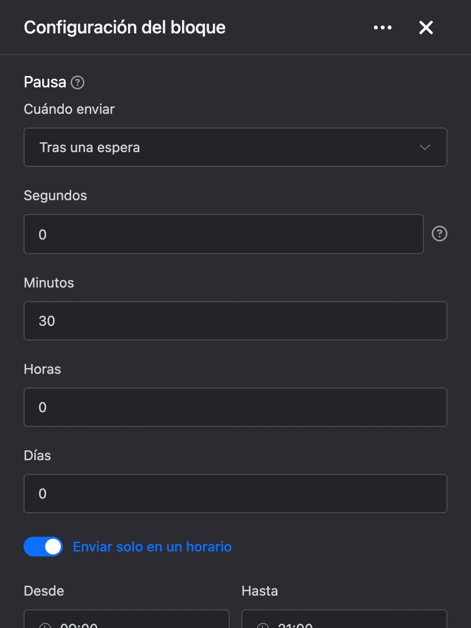 Panel de configuración del bloque «Pausa»