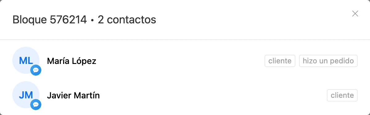 La ventana «En espera de envío» de un bloque «Pausa»: dos contactos