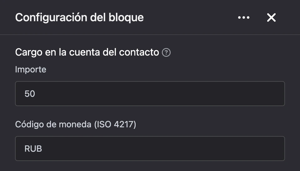 Panel de configuración del bloque «Cargo en la cuenta del contacto»