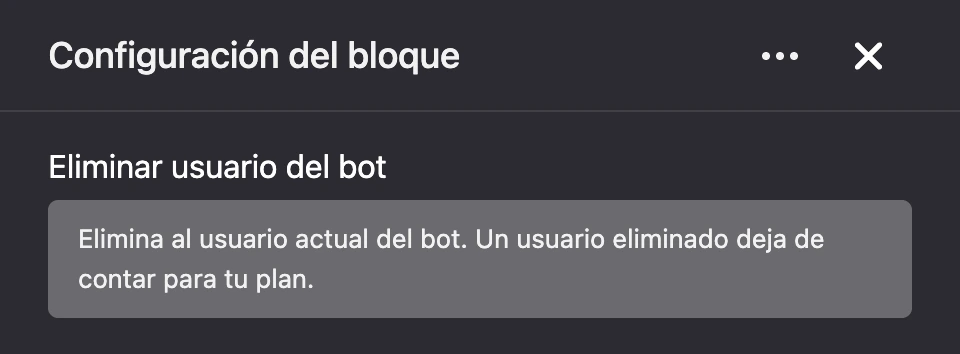 Panel de configuración del bloque «Eliminar usuario del bot»