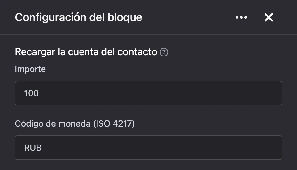Panel de configuración del bloque «Recargar la cuenta del contacto»