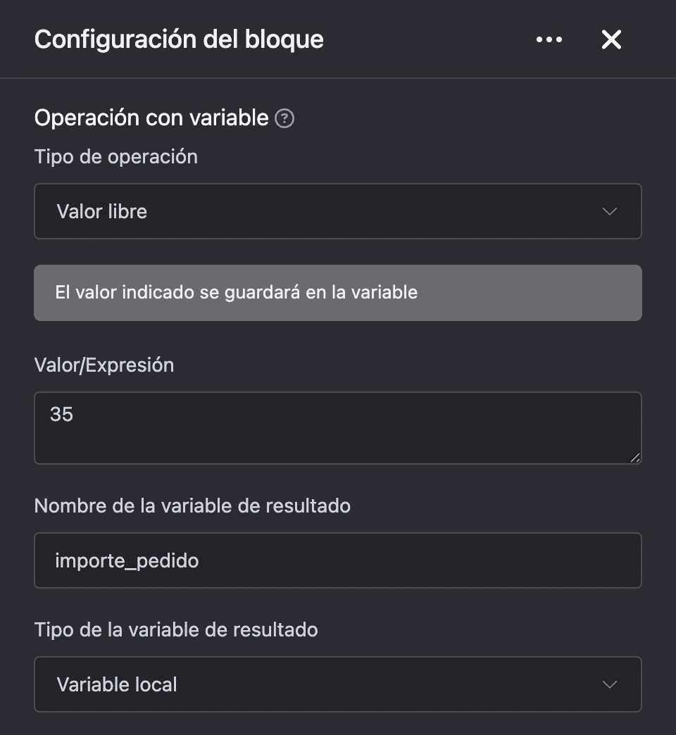 Bloque «Operación con variable»: el total del pedido se escribe en una variable