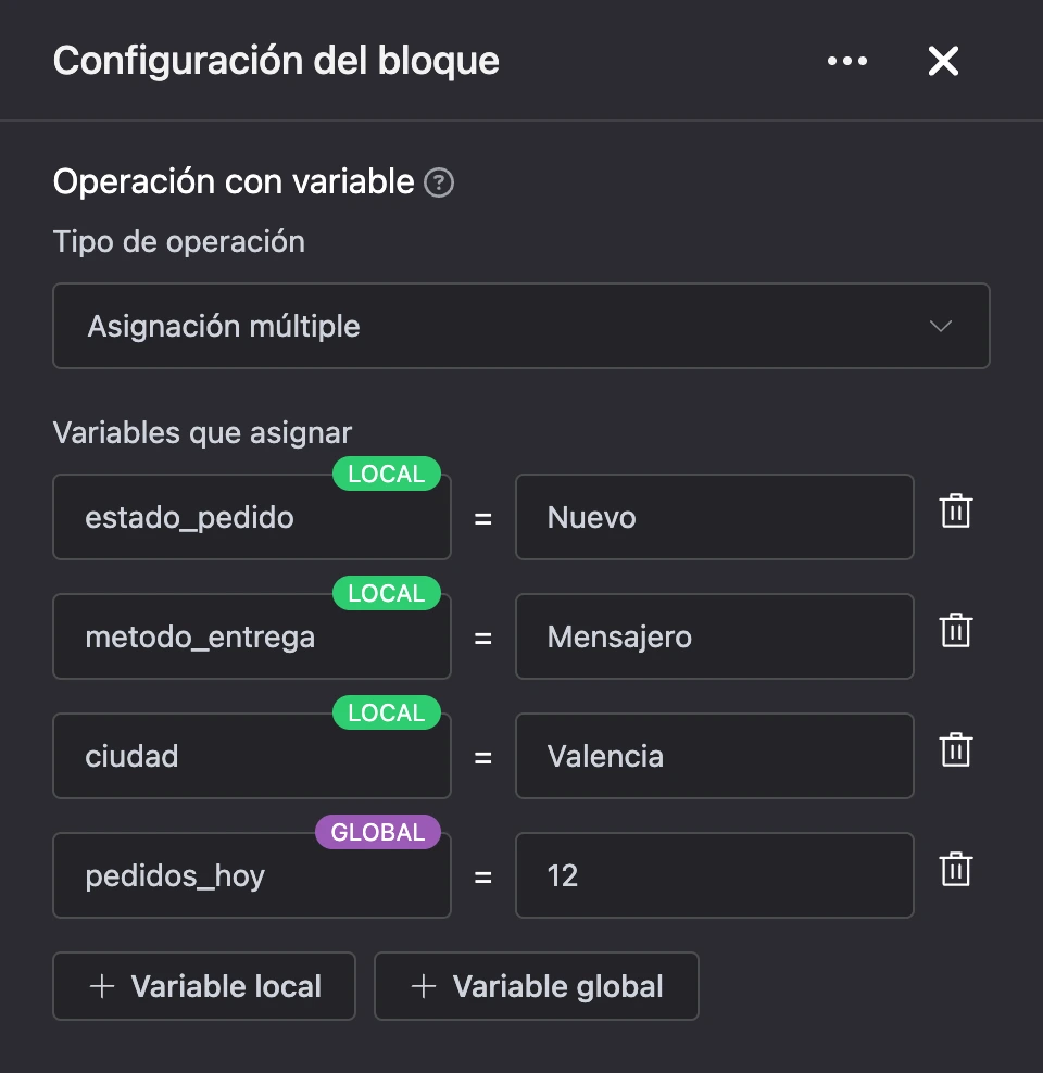 Bloque «Operación con variable»: se asignan cuatro variables del pedido a la vez