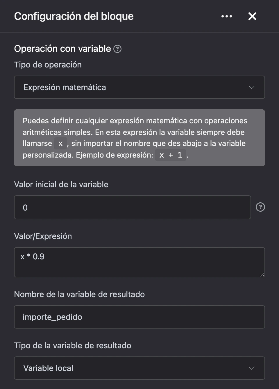 Bloque «Operación con variable»: un 10 % de descuento sobre el total del pedido con la expresión x * 0.9