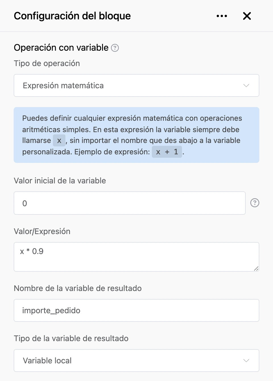 Bloque «Operación con variable»: un 10 % de descuento sobre el total del pedido con la expresión x * 0.9
