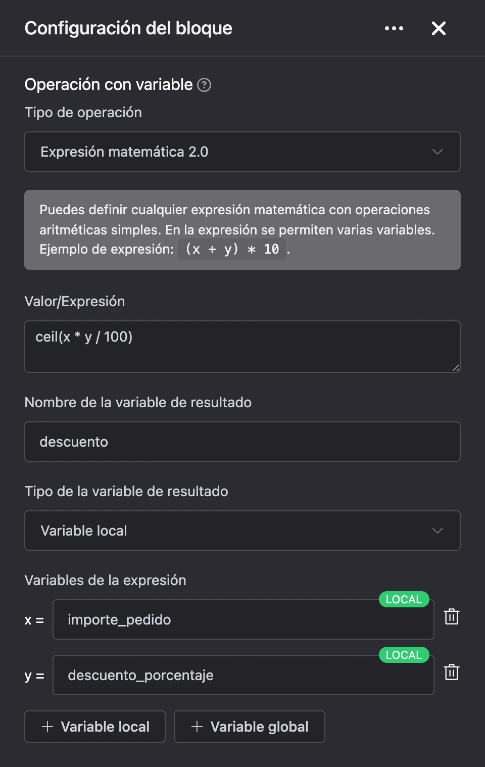 Bloque «Operación con variable»: el descuento se calcula a partir del total del pedido y del porcentaje de descuento