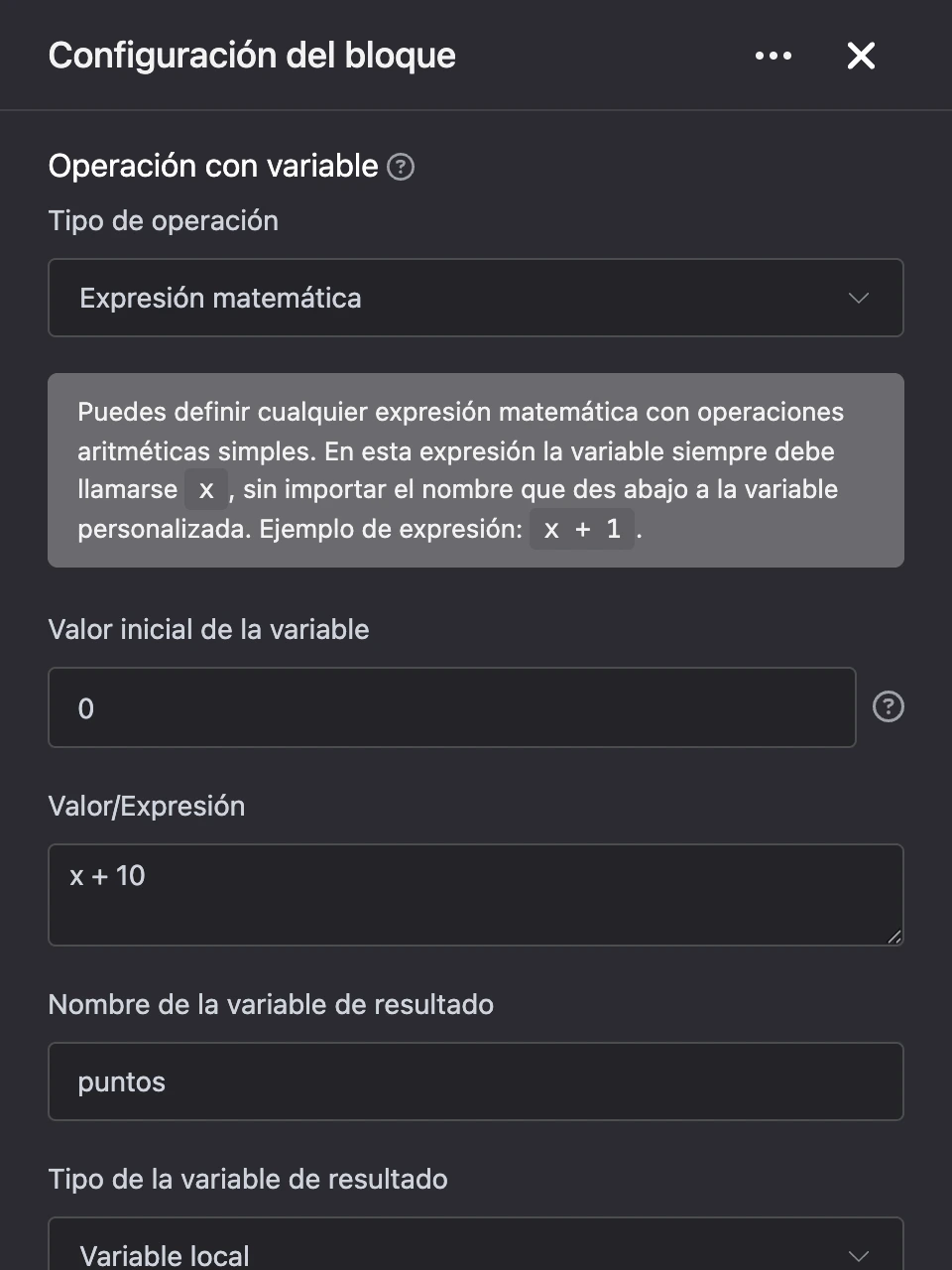 Panel de configuración del bloque «Operación con variable»