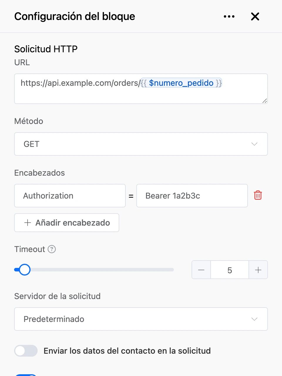 Panel de configuración del bloque «Solicitud HTTP»