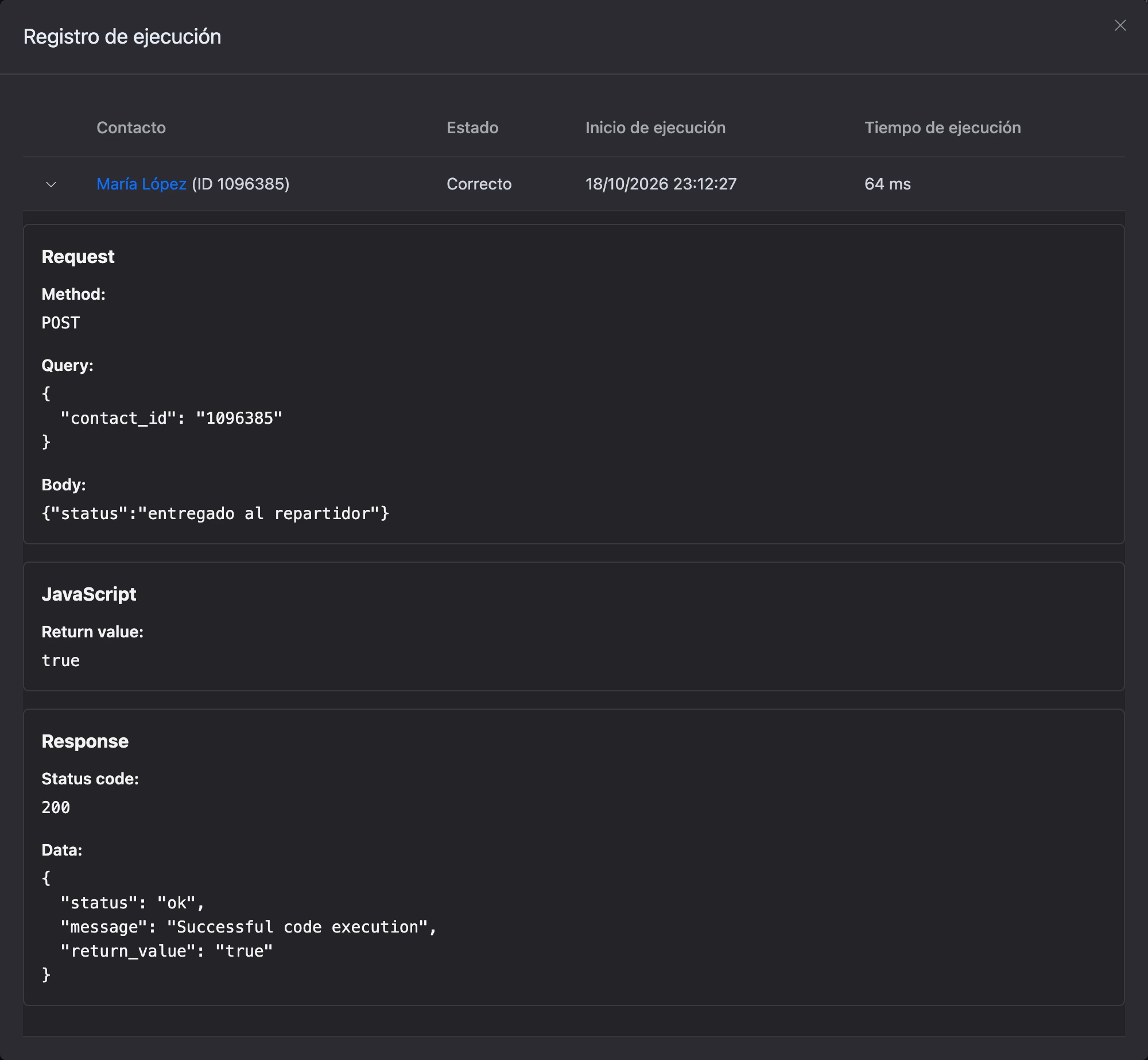 «Registro de ejecución» del webhook entrante: método, parámetros y cuerpo de la solicitud, valor devuelto y respuesta del bloque