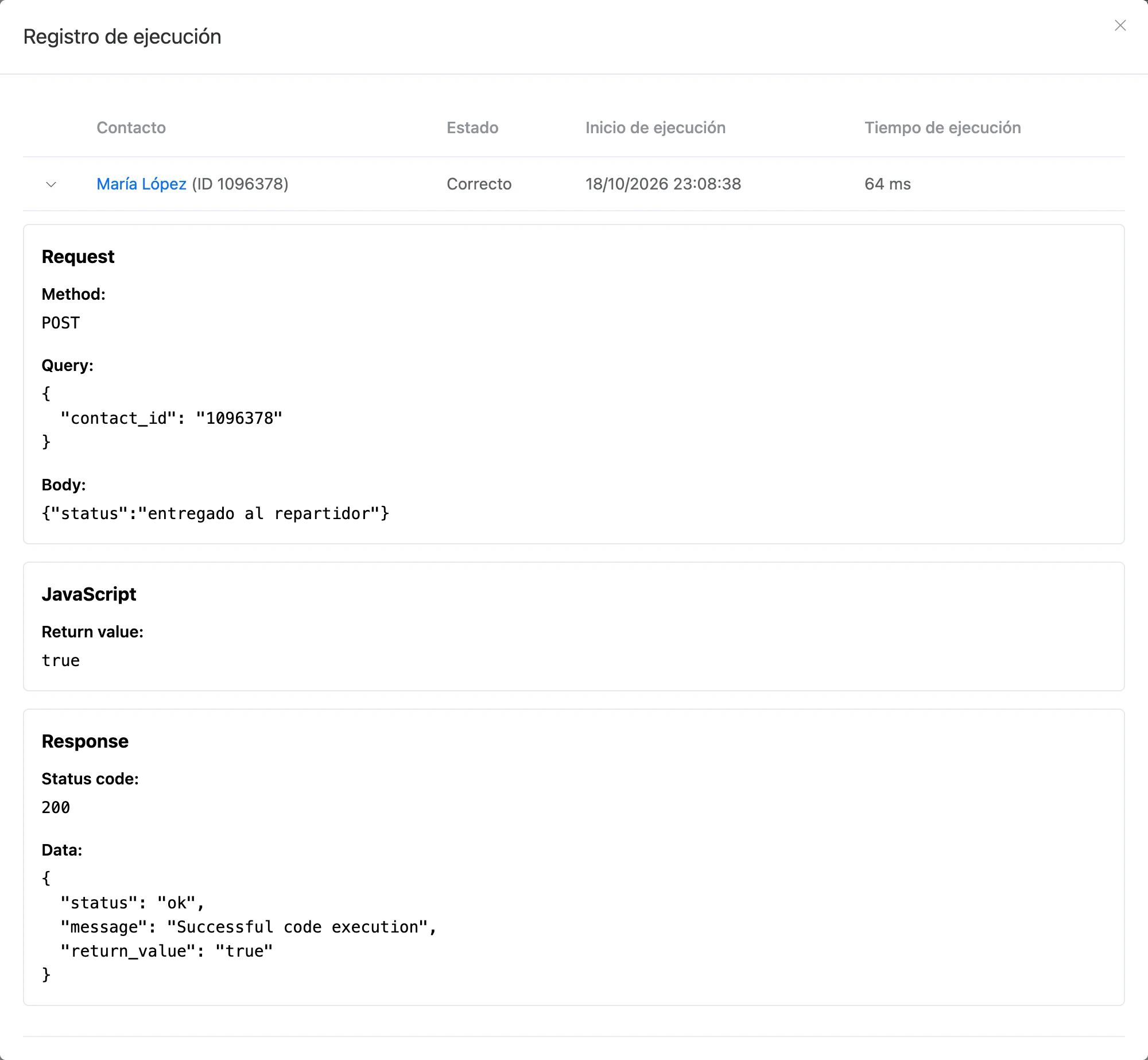 «Registro de ejecución» del webhook entrante: método, parámetros y cuerpo de la solicitud, valor devuelto y respuesta del bloque