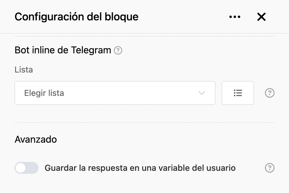 Panel de configuración del bloque «Bot inline de Telegram»