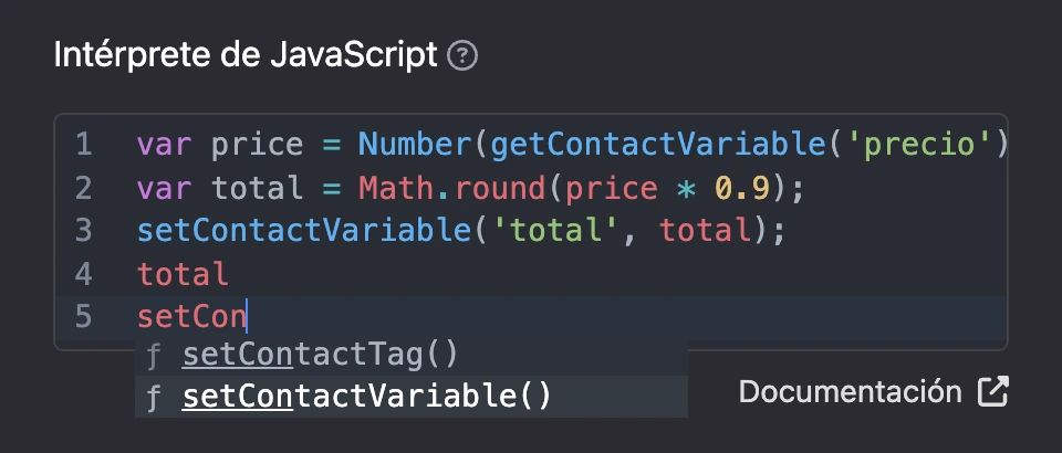 Editor de código con una sugerencia: para «setCon» propone setContactTag() y setContactVariable()