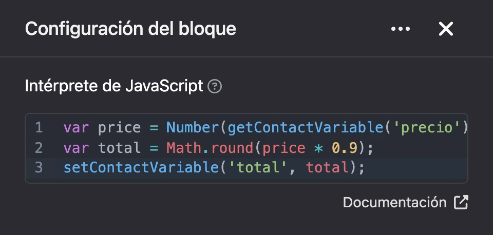 Panel de configuración del bloque «Intérprete de JavaScript»