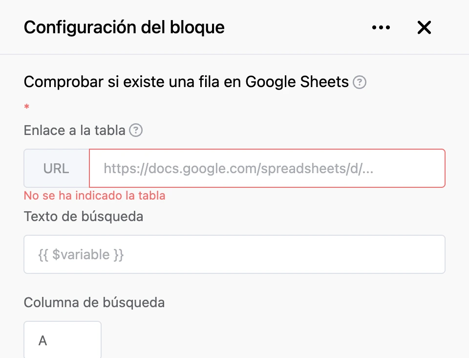 Panel de configuración del bloque «Comprobar si existe una fila en Google Sheets»