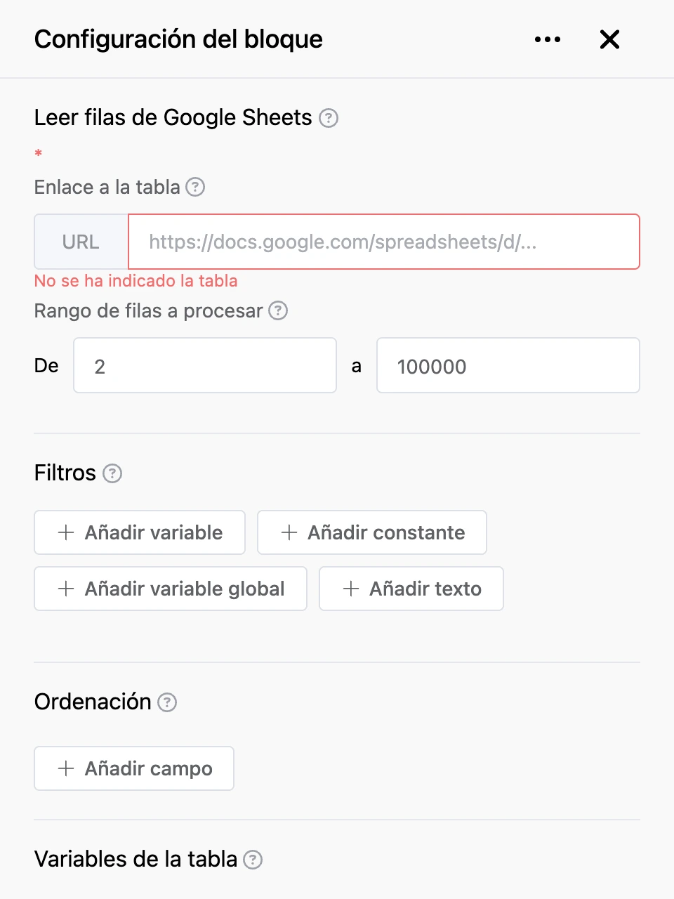 Panel de configuración del bloque «Leer filas de Google Sheets»
