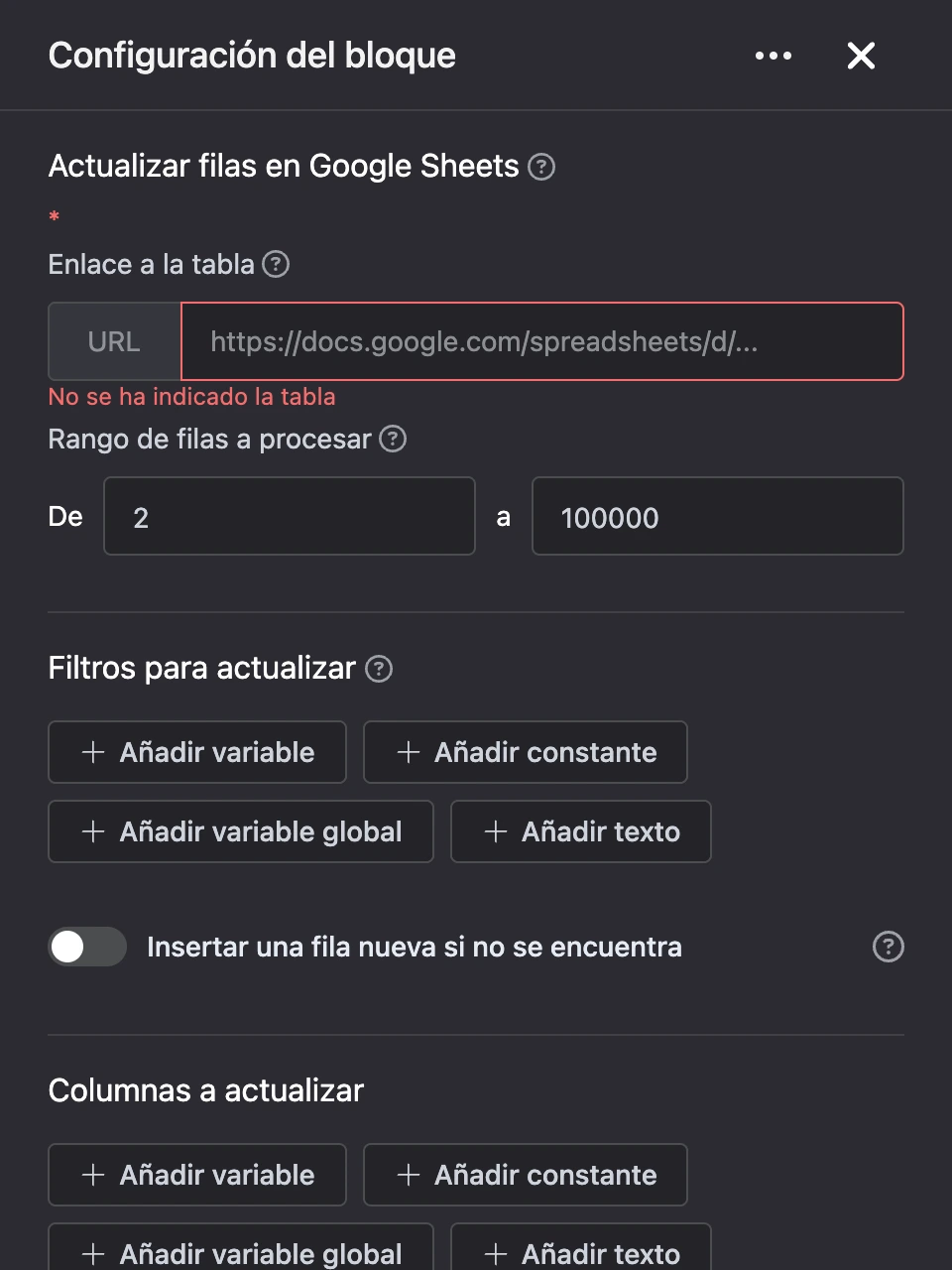 Panel de configuración del bloque «Actualizar filas en Google Sheets»