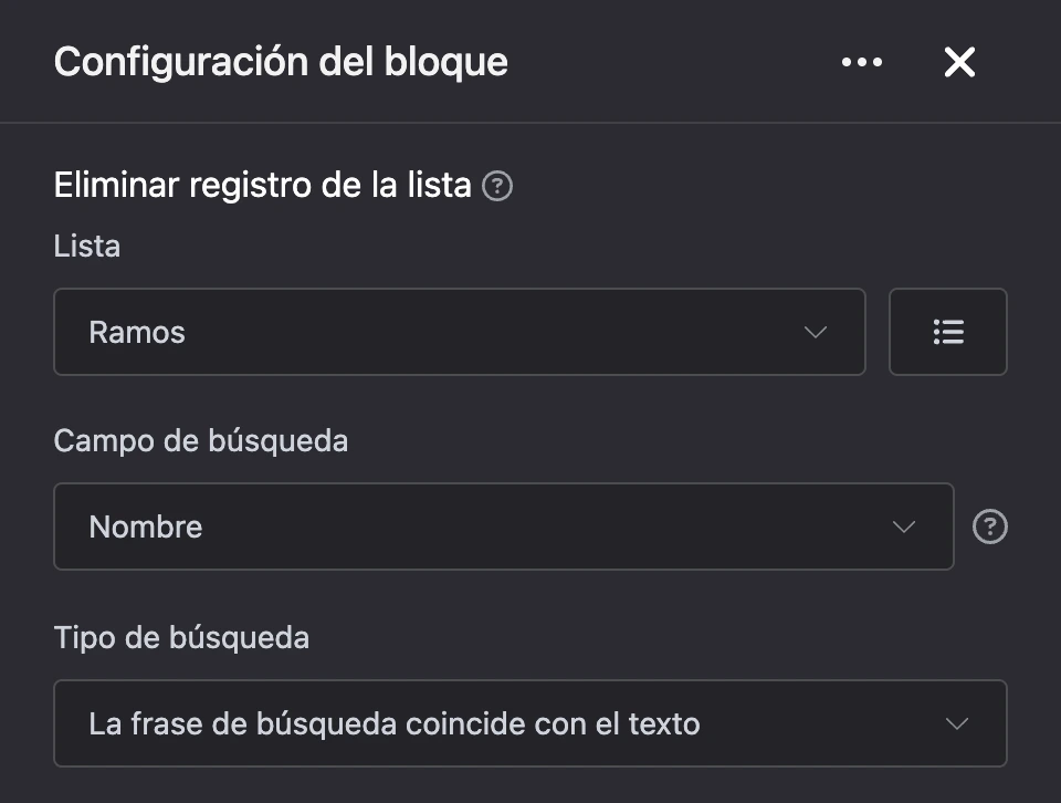 Panel de configuración del bloque «Eliminar registro de la lista»
