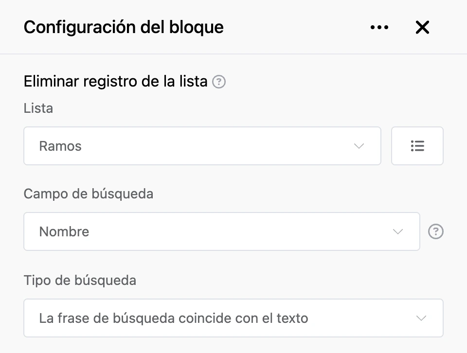 Panel de configuración del bloque «Eliminar registro de la lista»