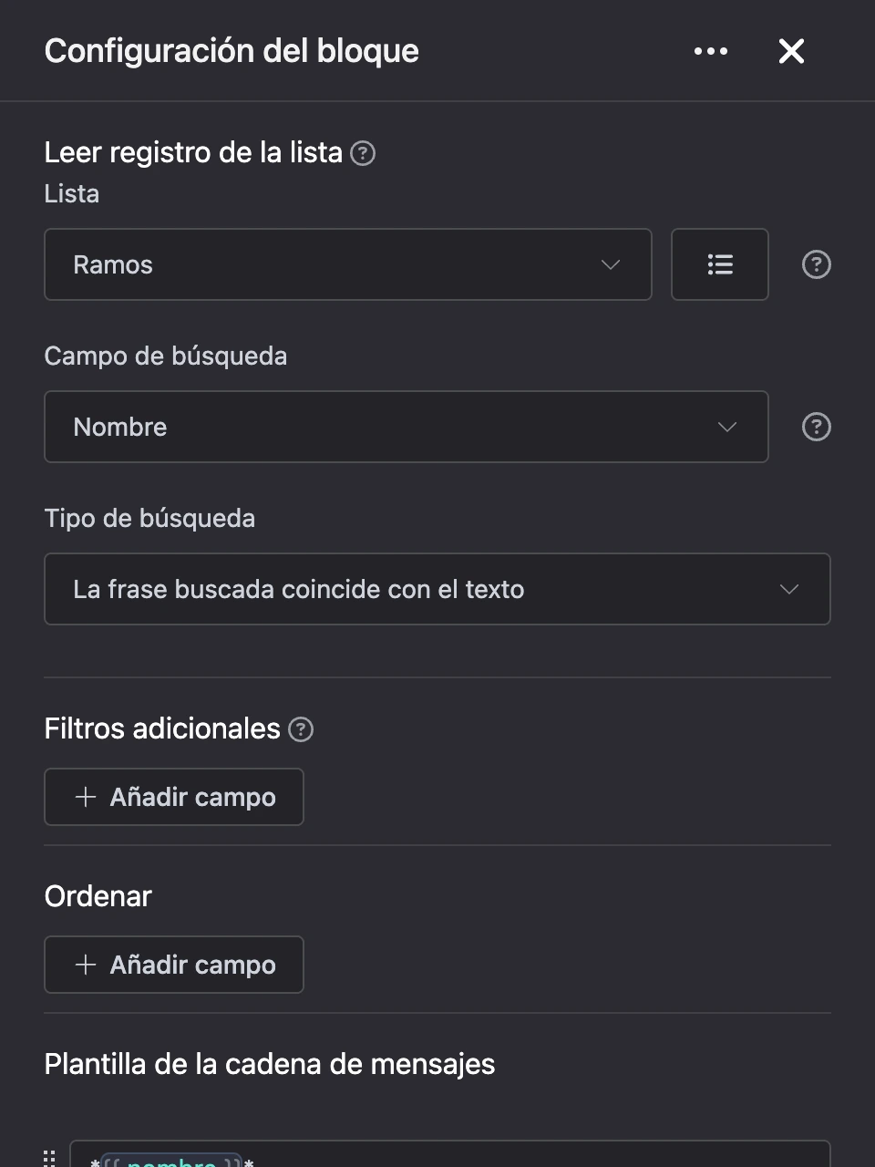 Panel de configuración del bloque «Leer registro de la lista»