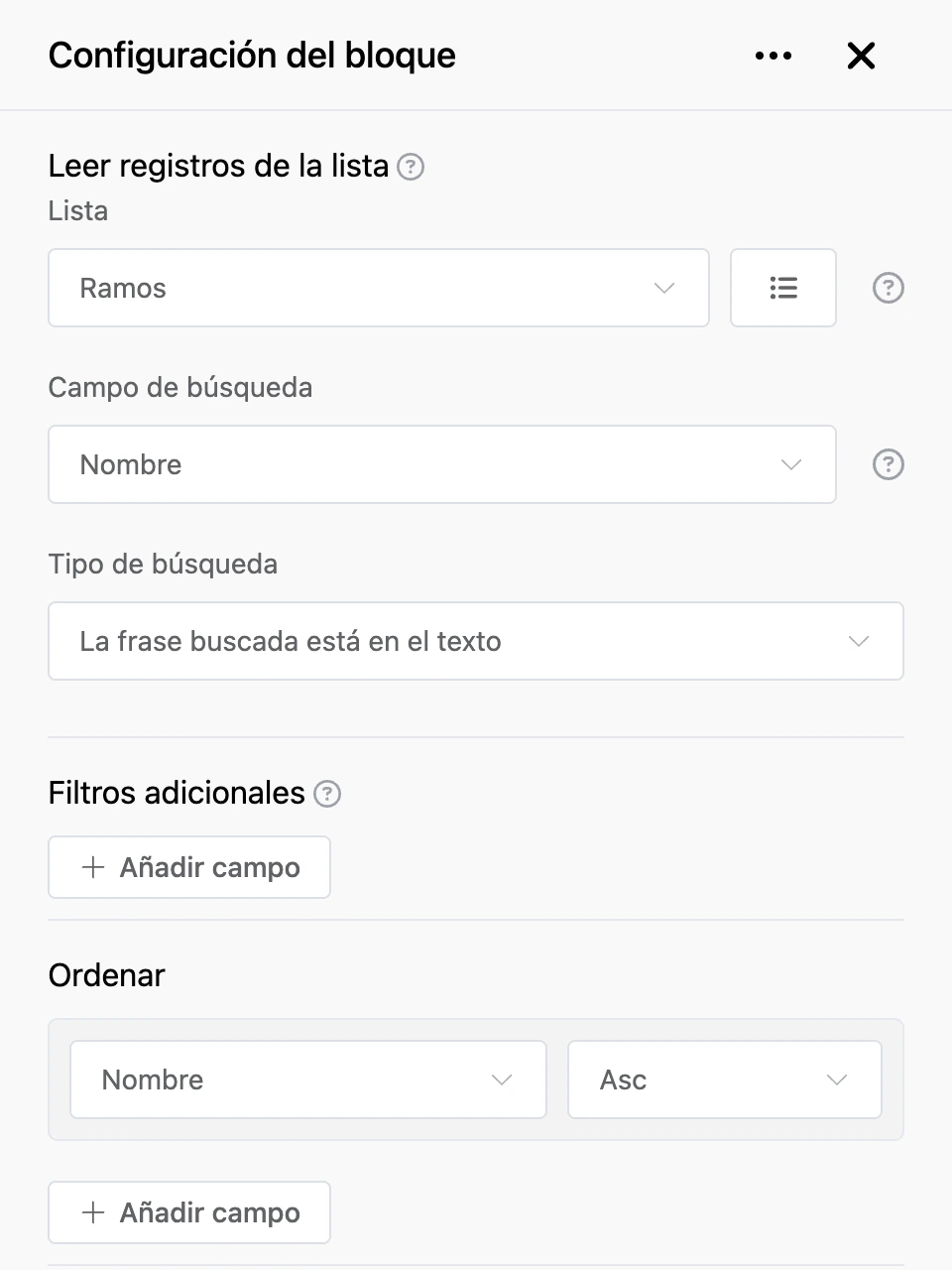 Panel de configuración del bloque «Leer registros de la lista»