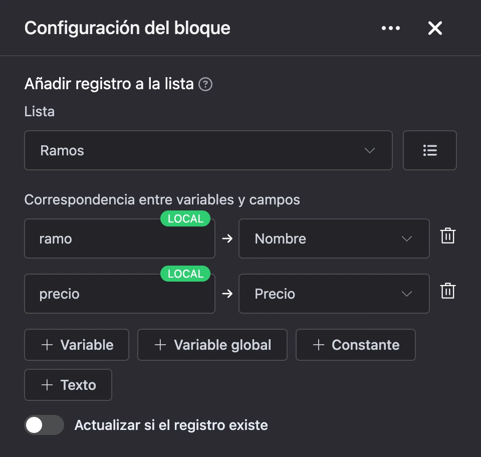 Panel de configuración del bloque «Añadir registro a la lista»