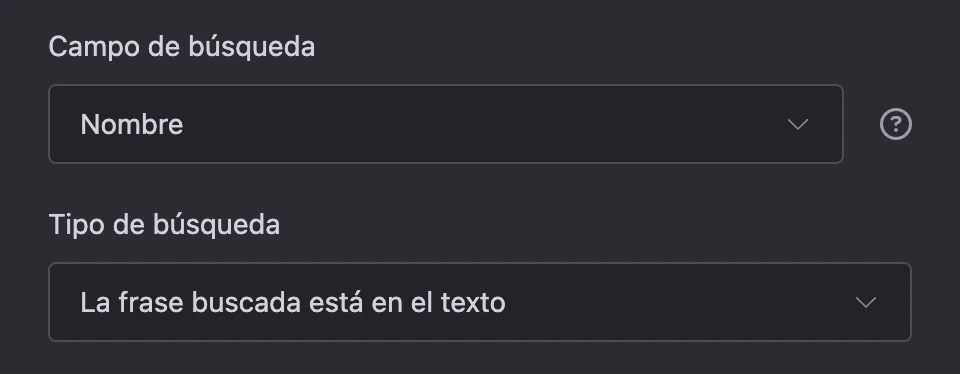 Búsqueda por la frase del contacto: el campo «Nombre», «La frase buscada está en el texto»