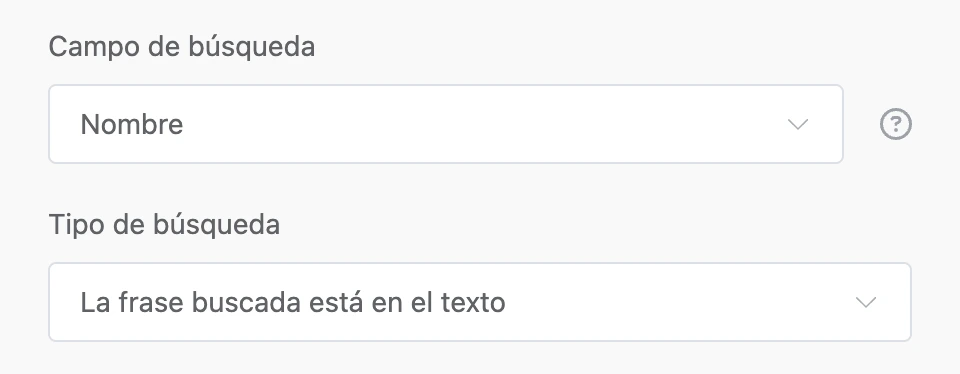 Búsqueda por la frase del contacto: el campo «Nombre», «La frase buscada está en el texto»