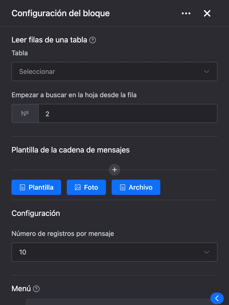 Panel de configuración del bloque «Leer filas de una tabla»