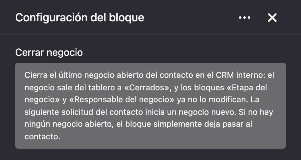 Panel de configuración del bloque «Cerrar negocio»