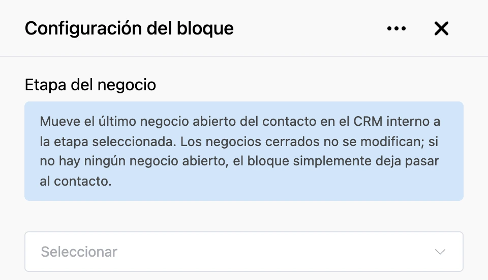 Panel de configuración del bloque «Etapa del negocio»
