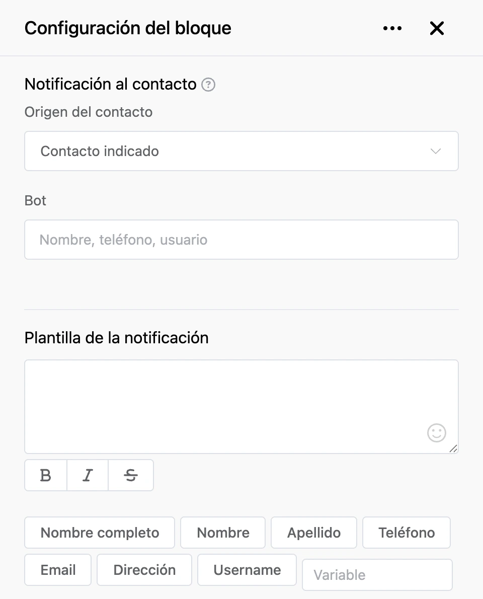 Panel de configuración del bloque «Notificación al contacto»