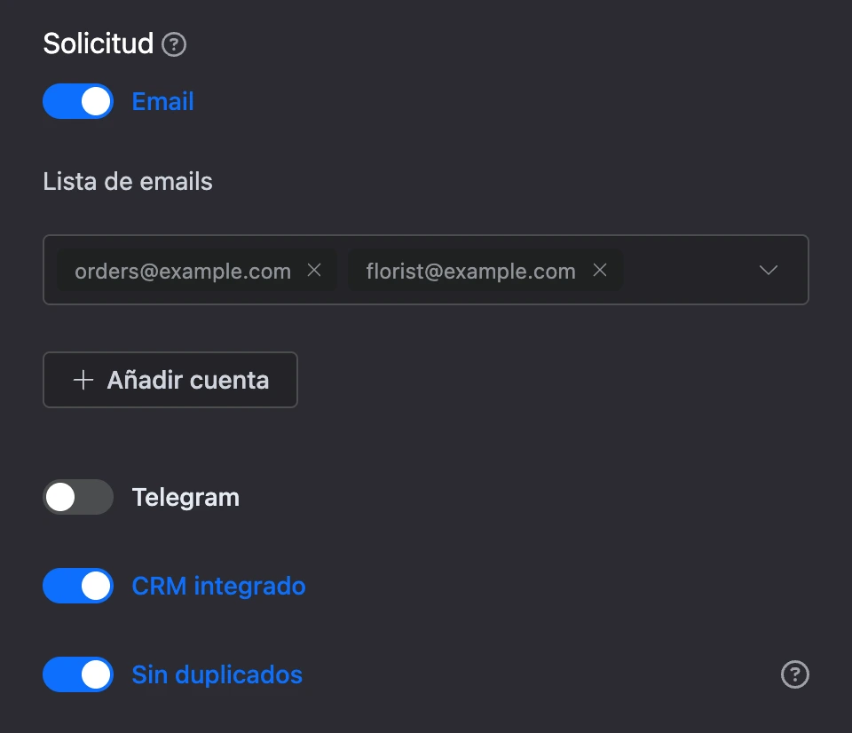 El bloque «Solicitud»: Email con dos destinatarios, CRM integrado y «Sin duplicados» activados