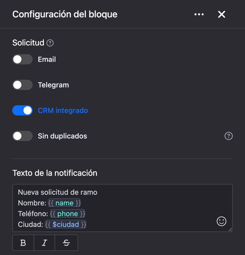 Panel de configuración del bloque «Solicitud»